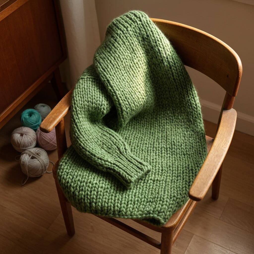 Chunky strikket sweater i gron varieret garn